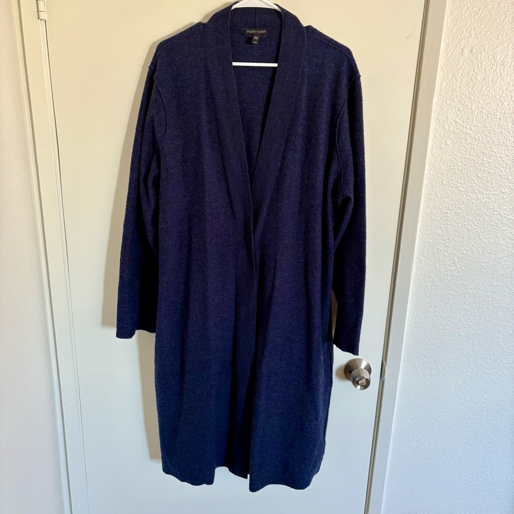 EILEEN FISHER Cardigan Long Sweater Duster Coat Merino Wool Snap Button Size L